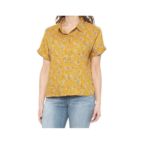 Rachel Zoe Women’s Boxy Button Up Shirt L 100% Linen Yellow Blue Cottagecore - Picture 1 of 7